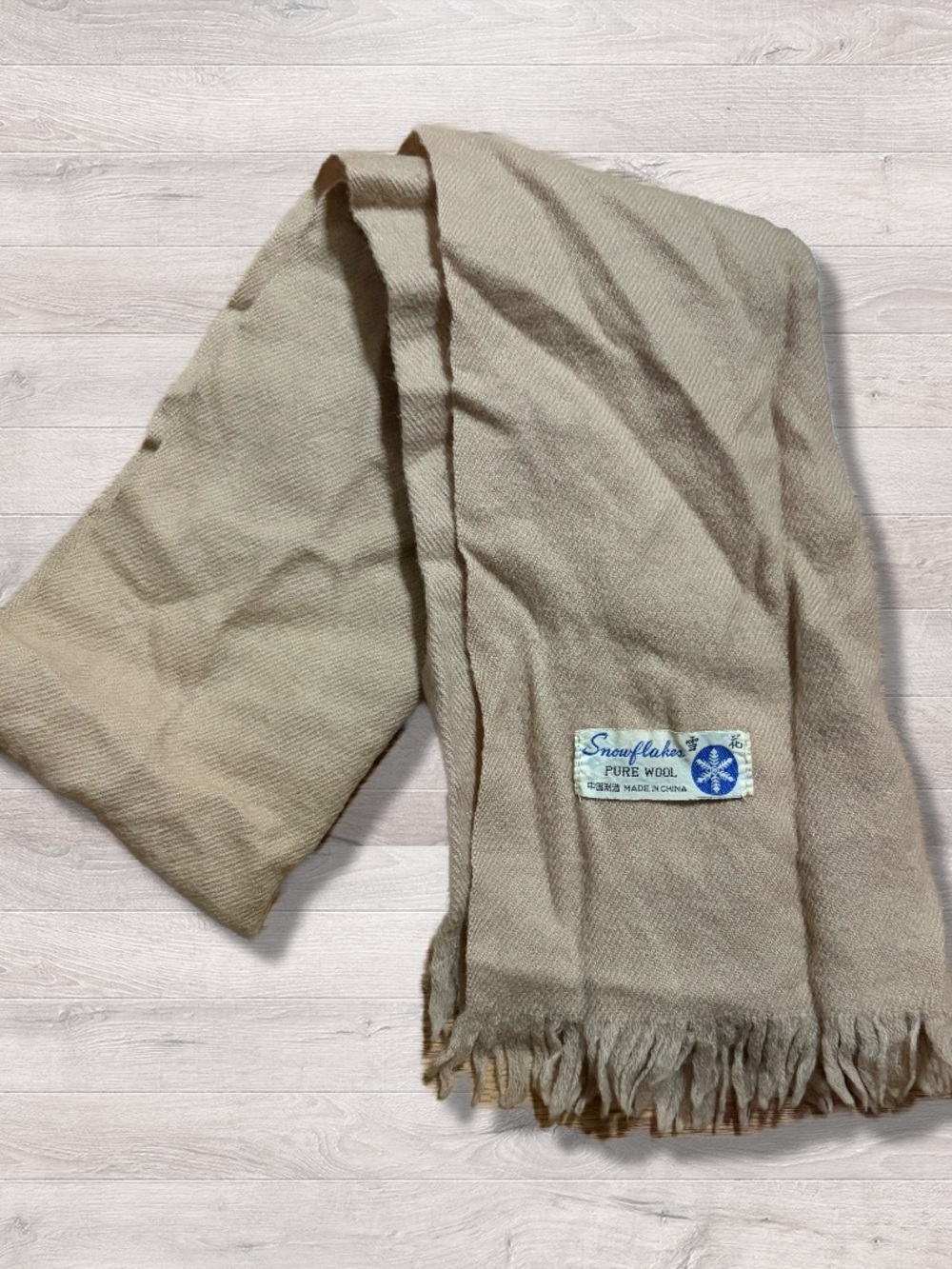 Vintage Snowflakes 100% Pure Wool Tan Beige Winter Scarf